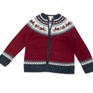 Caroll Reed Red and Black Knit Grandpa Zip Up Sweater With Embroidered Birds